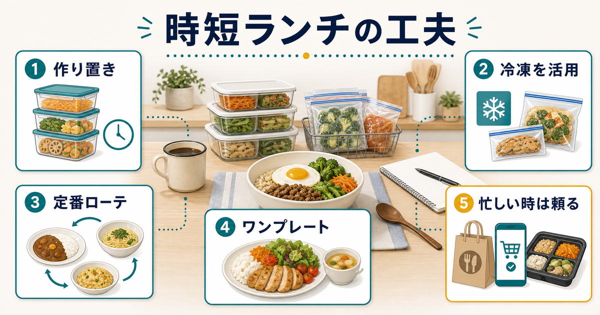作り置き、冷凍活用、定番ローテ、ワンプレート、忙しい時は頼る時短ランチの工夫を示す図解