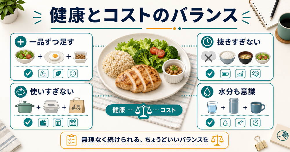 一品ずつ足す、使いすぎない、抜きすぎない、水分も意識する健康とコストのバランスを示す図解