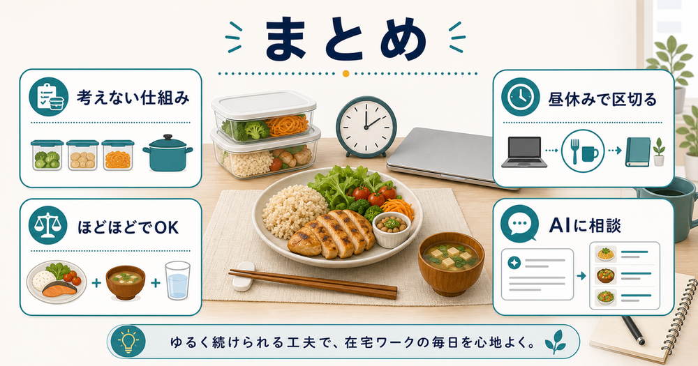 考えない仕組み、ほどほどでよい、昼休みで区切る、AIに相談する在宅ワーク食事のまとめ図解
