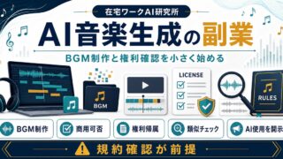 AI音楽生成副業のBGM制作と権利確認を示すアイキャッチ画像