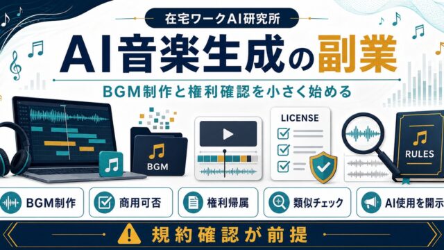 AI音楽生成副業のBGM制作と権利確認を示すアイキャッチ画像