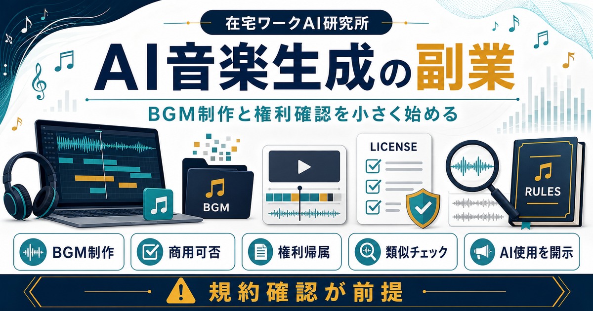 AI音楽生成副業のBGM制作と権利確認を示すアイキャッチ画像