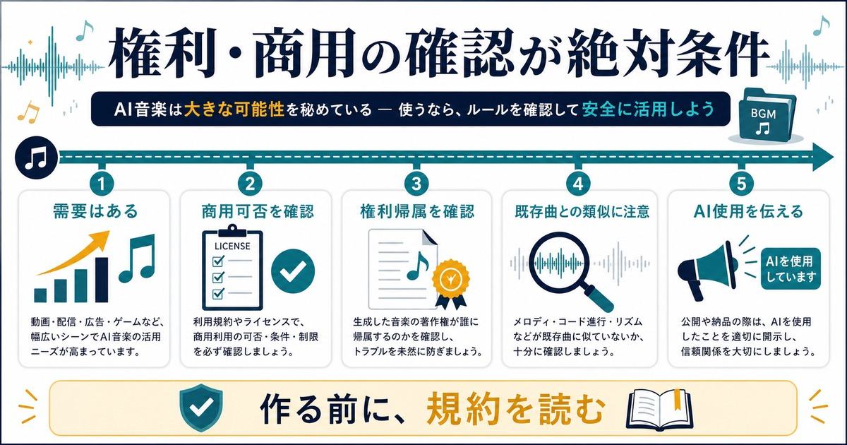 AI音楽生成副業は需要があるが商用可否や権利帰属や既存曲との類似やAI使用開示の確認が必要な図解