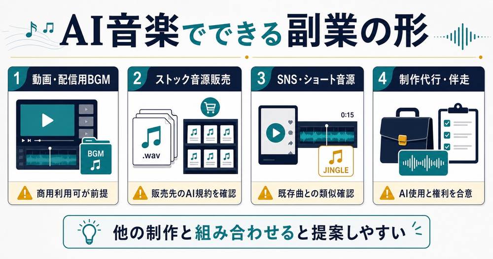 AI音楽で動画配信用BGMやストック音源やSNSショート音源や制作代行を行う副業の形の図解