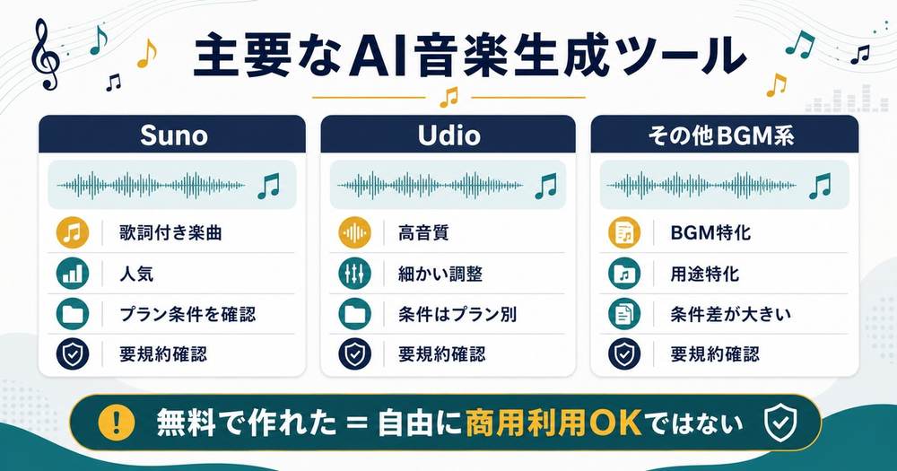 SunoとUdioとその他BGM系AI音楽生成ツールを特徴とプラン条件と規約確認で比較した図解