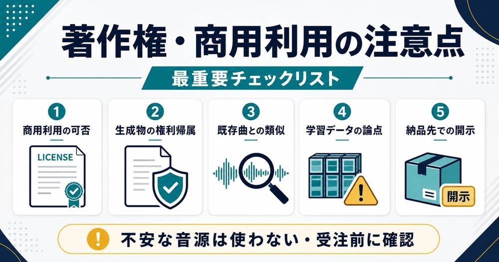 AI音楽の商用利用可否生成物の権利帰属既存曲との類似学習データ納品先開示を確認する図解