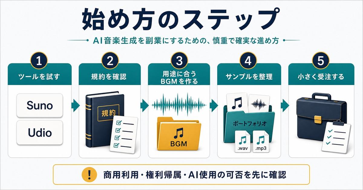AI音楽副業をツール試用規約確認BGM制作サンプル整理小さな受注で始めるステップ図解