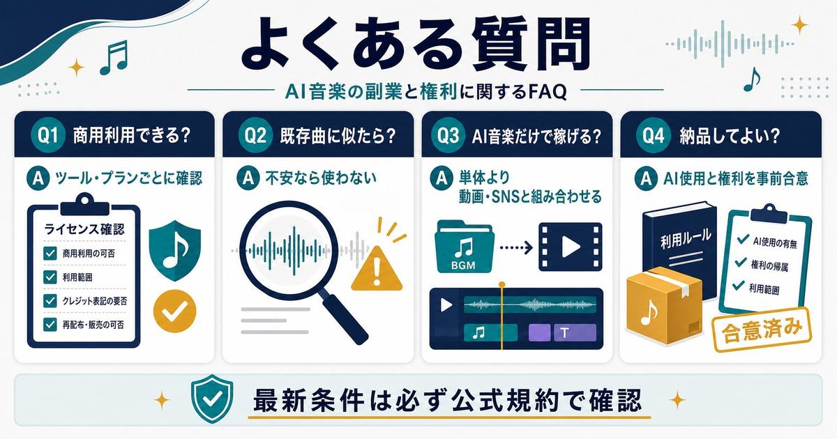 AI音楽副業の商用利用既存曲類似単体収益納品時のAI使用と権利合意に関するFAQ図解