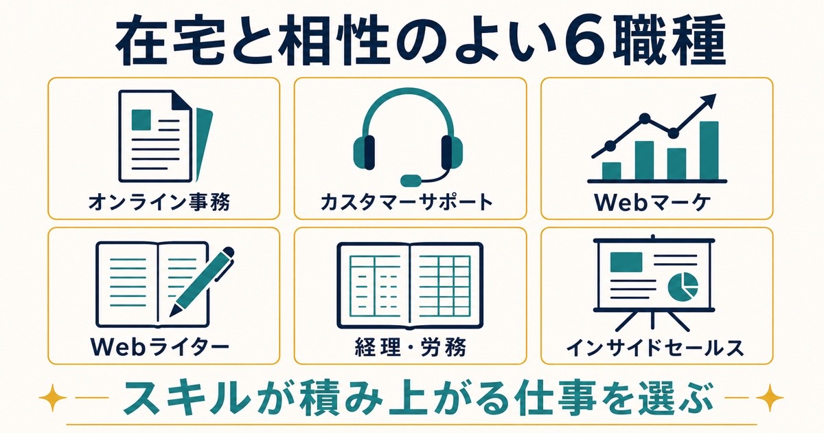 オンライン事務とカスタマーサポートとWebマーケとWebライターと経理労務とインサイドセールスを示す図解