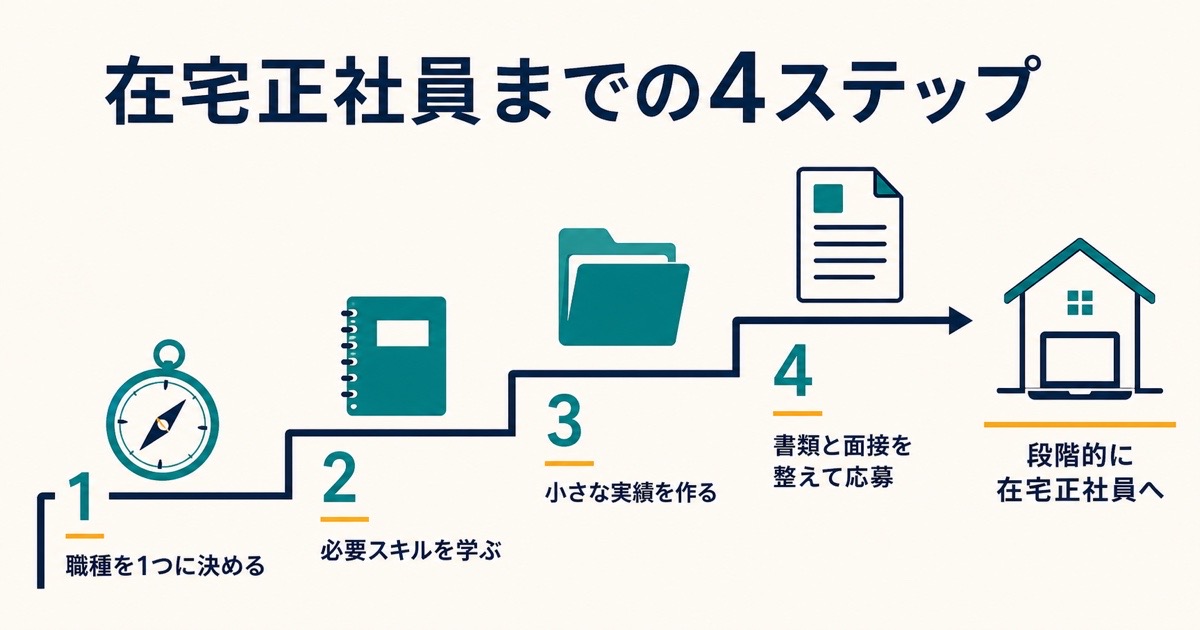 職種決定とスキル学習と実績づくりと書類面接準備から在宅正社員へ進む4ステップの図解
