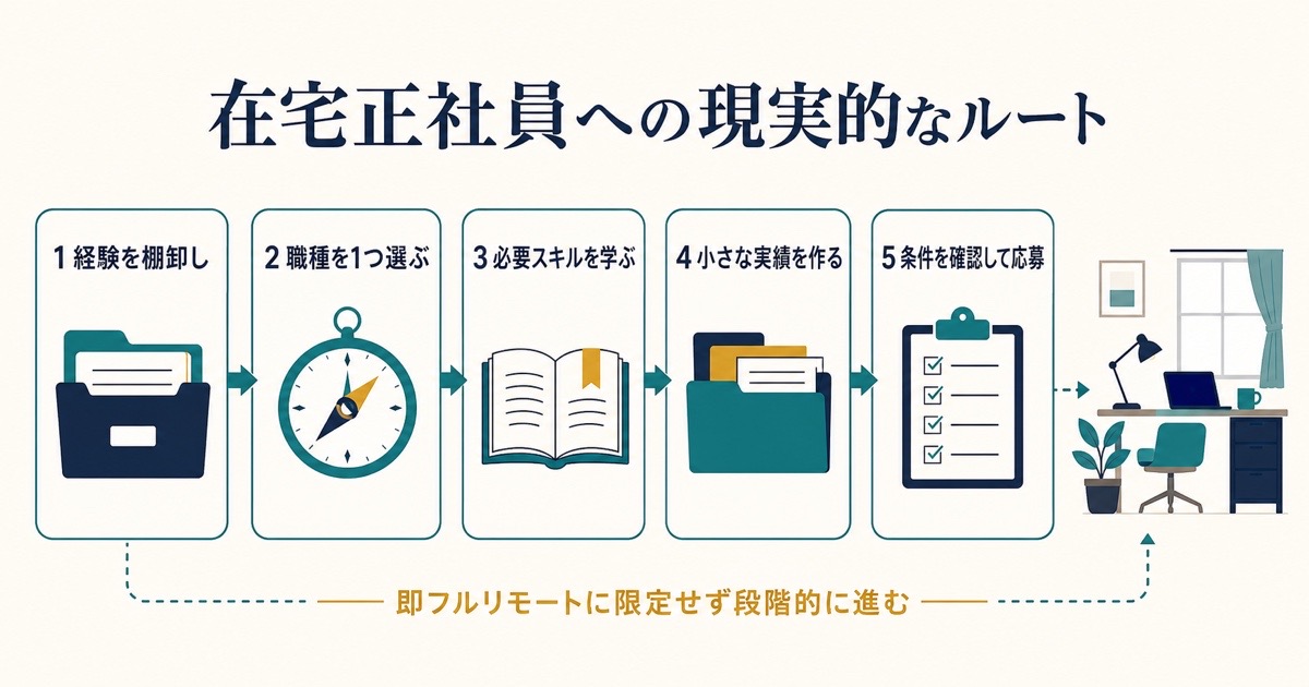 経験の棚卸しから職種選びと学習と実績づくりと条件確認を経て応募する在宅正社員へのルート図解