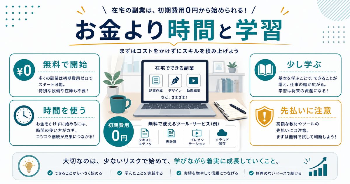 初期費用0で在宅副業を始めるにはお金より時間と学習を使い、先払いには注意することを示す図解