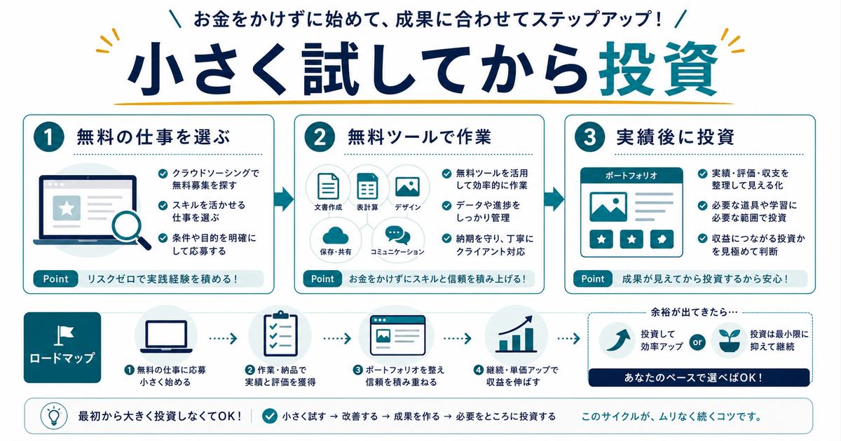 費用をかけずに副業を始めるコツとして無料の仕事を選び、無料ツールで作業し、実績後に投資を検討する流れを示す図解