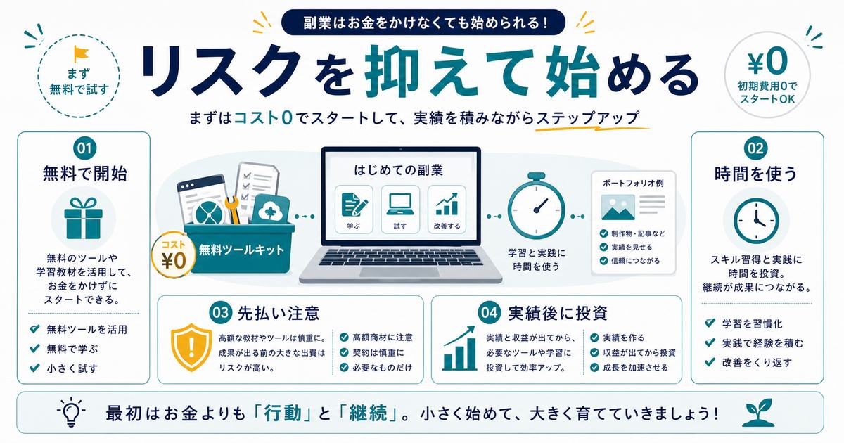 初期費用ゼロの副業のまとめとして無料で開始し、時間を使い、先払いに注意し、実績後に投資する流れを示す図解