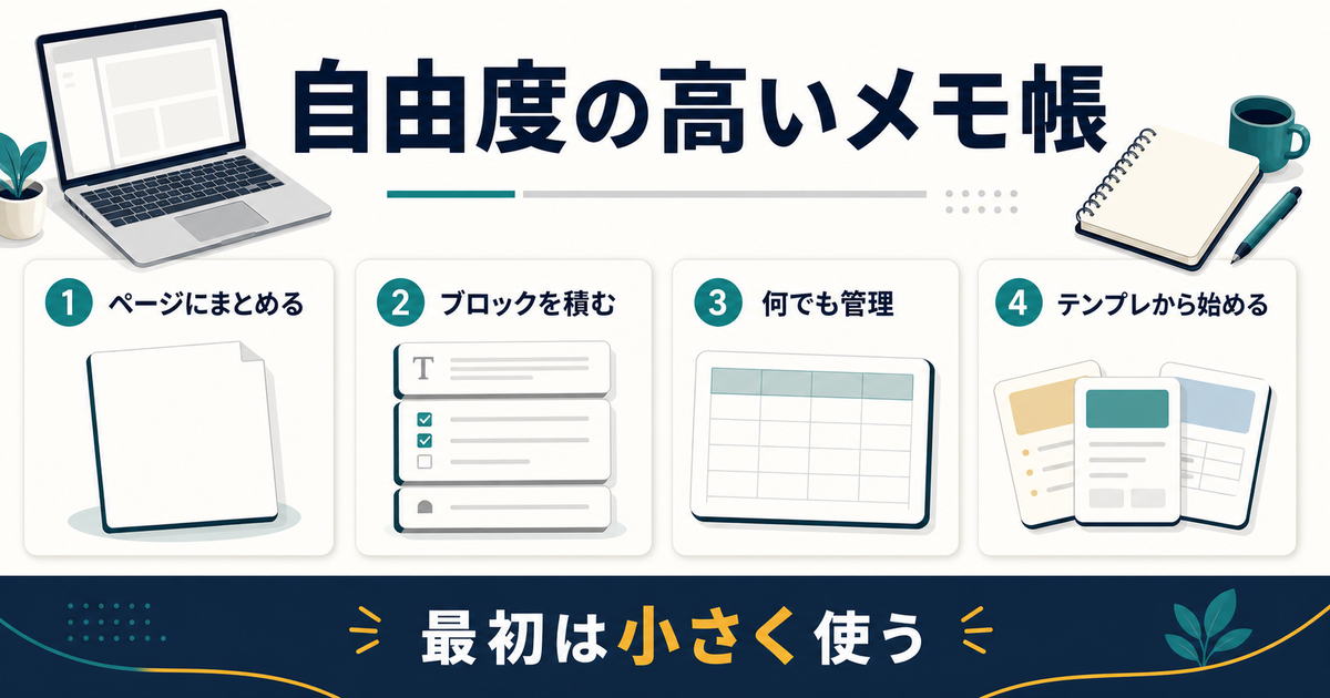 Notionをページとブロックで小さく使い始める考え方の図解