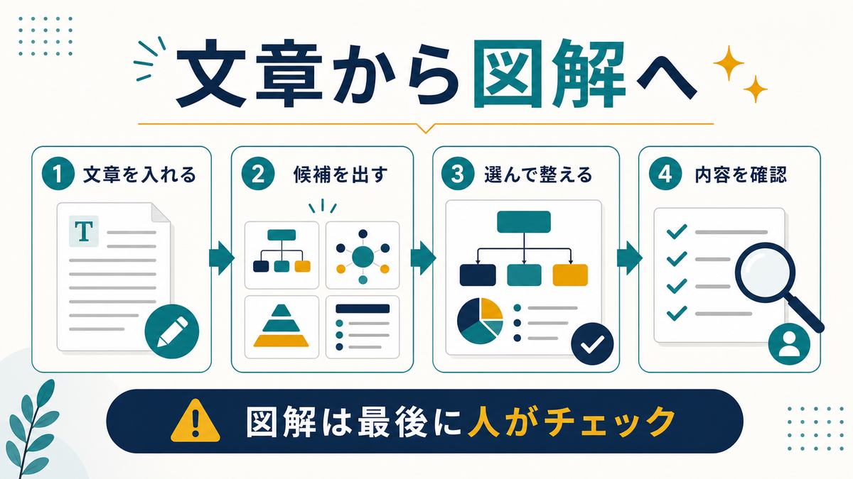 文章を入力して図解候補を作り、選んで整え、最後に内容を確認する流れを示す図解
