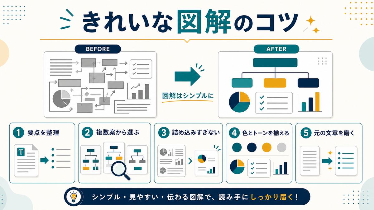 きれいな図解にするコツとして、要点整理、複数案、詰め込みすぎない、色とトーン、元文章を磨くを示す図解