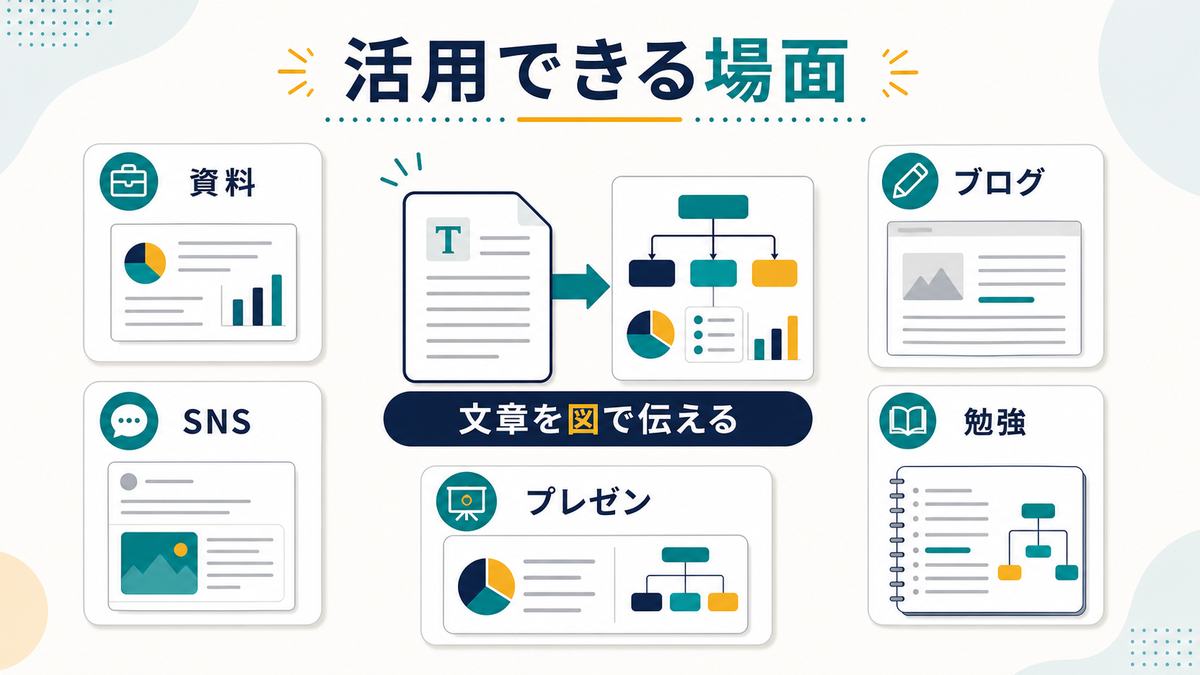 Napkinの活用場面として、資料、ブログ、SNS、勉強、プレゼンを示す図解