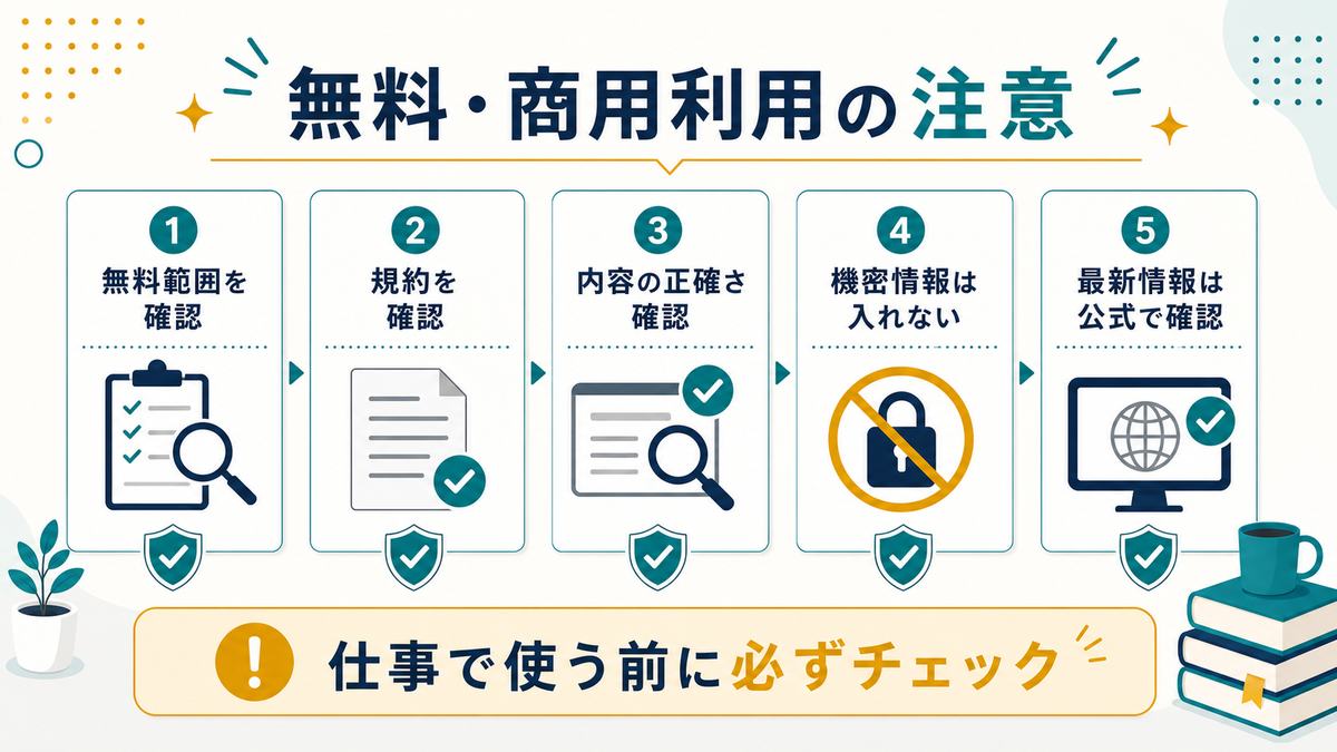 無料範囲と商用利用の注意として、無料範囲、規約、正確さ、機密情報、公式確認をまとめた図解