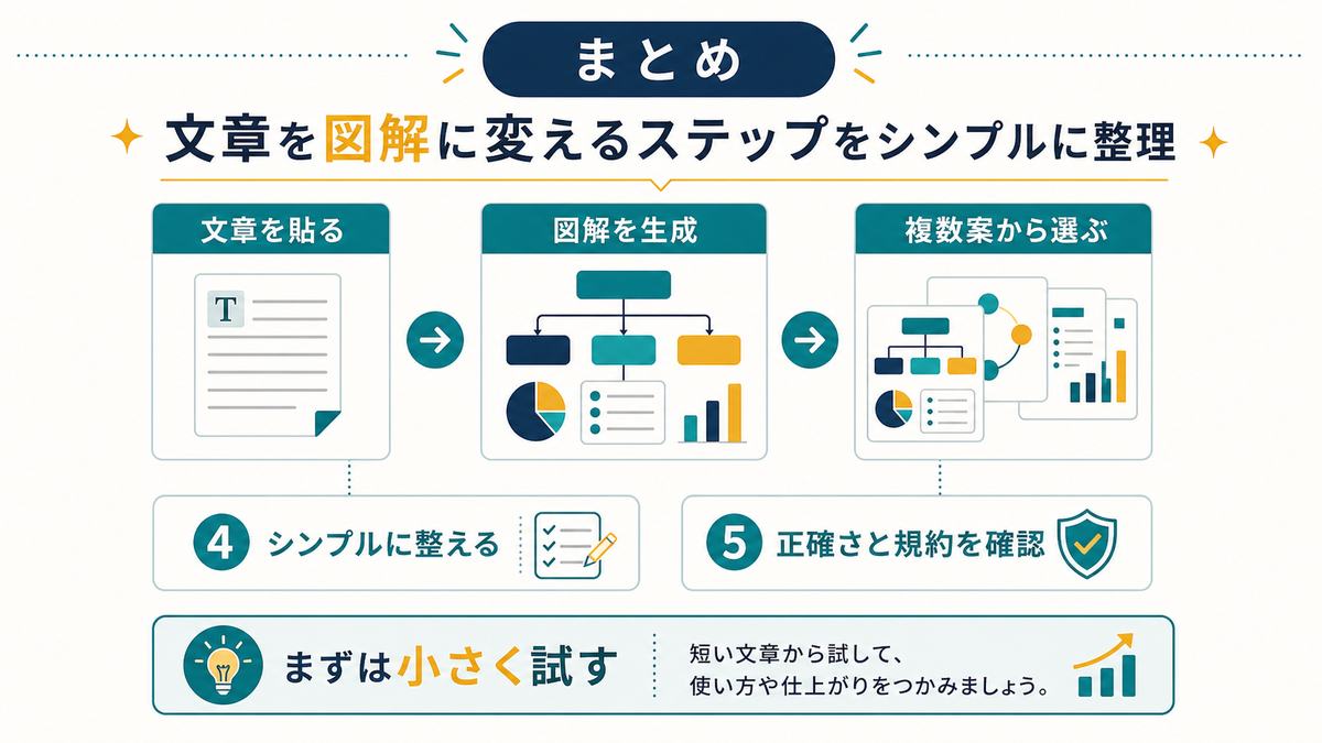 Napkin AIのまとめとして、文章を貼る、図解を生成、複数案から選ぶ、シンプルに整える、正確さと規約を確認を示す図解