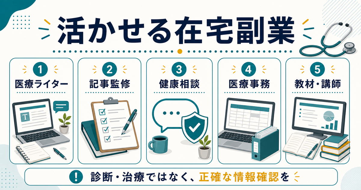 看護師の経験を活かせる在宅副業の種類をまとめた図解