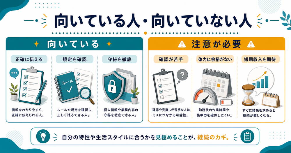看護師の副業に向いている人と注意が必要な人の比較図