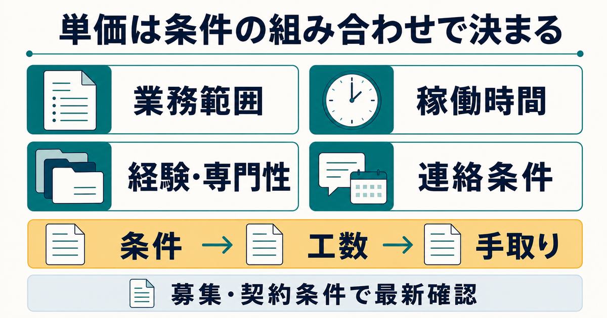 オンライン秘書の単価を業務範囲・時間・経験・連絡条件から考える図