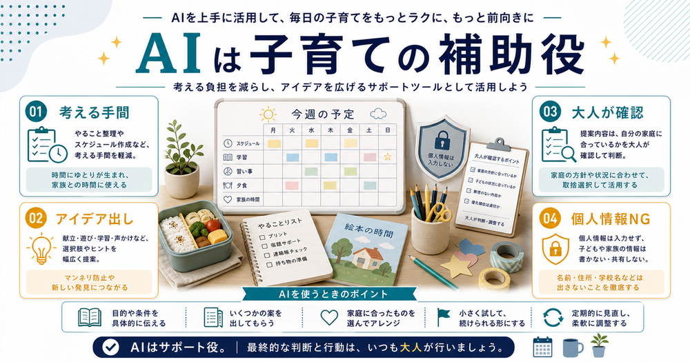 AIは子育ての補助役として考える手間やアイデア出しを助け、大人の確認と個人情報NGが大切だと示す図解
