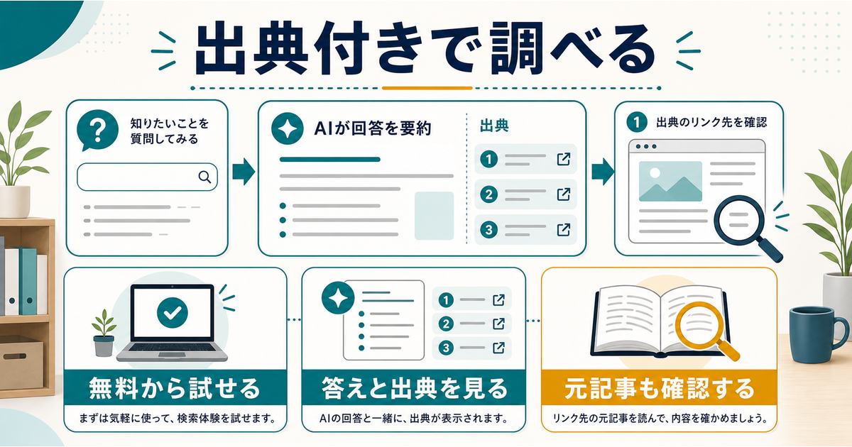 Perplexityは無料から試せて、答えと出典を見ながら元記事も確認する検索型AIであることを示す図解