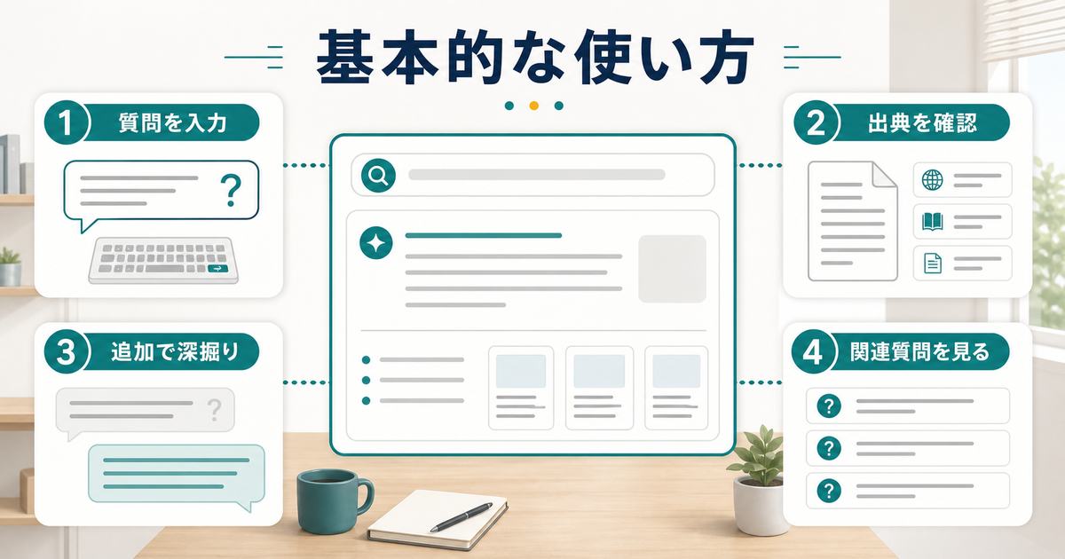 Perplexityの基本的な使い方として質問入力、出典確認、追加の深掘り、関連質問を見る流れを示す図解