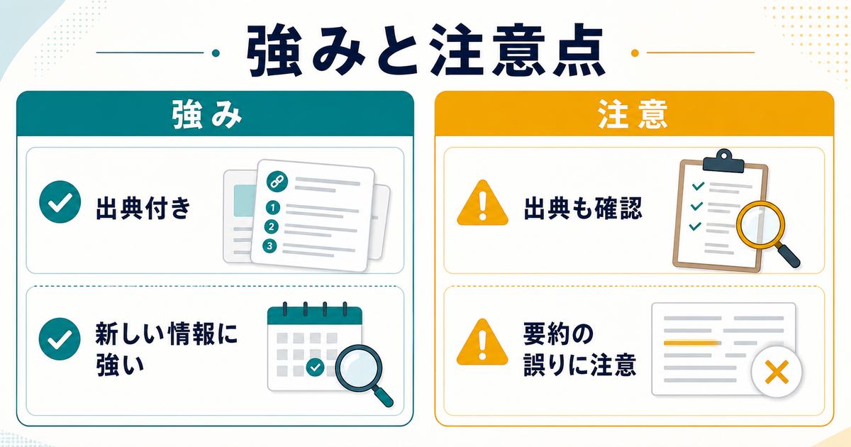Perplexityの強みとして出典付きで新しい情報に強い点、注意点として出典確認と要約の誤りへの注意を比較する図解