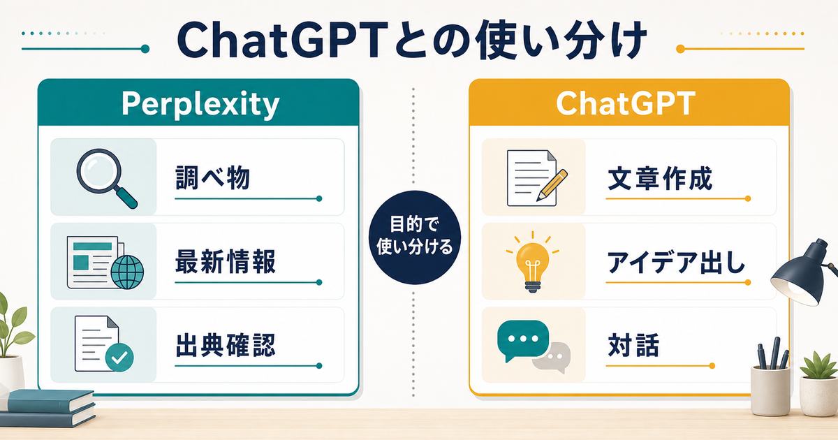 Perplexityは調べ物や最新情報と出典確認、ChatGPTは文章作成やアイデア出しと対話に向く使い分けを示す図解
