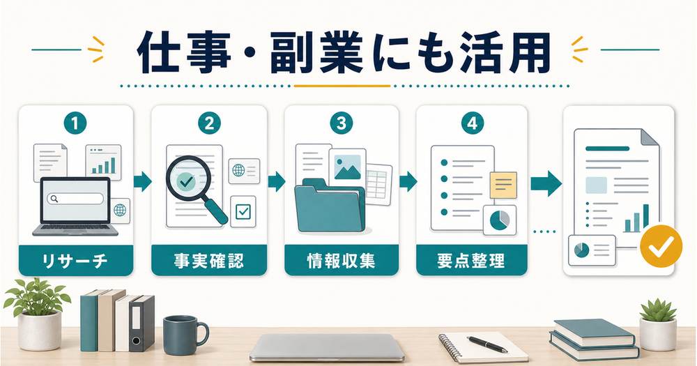 Perplexityを仕事や副業でリサーチ、事実確認、情報収集、要点整理に活用する流れを示す図解