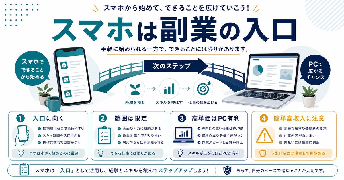 スマホ副業は入口として向くが範囲は限られ、高単価はPCが有利で簡単高収入には注意が必要だと示す図解