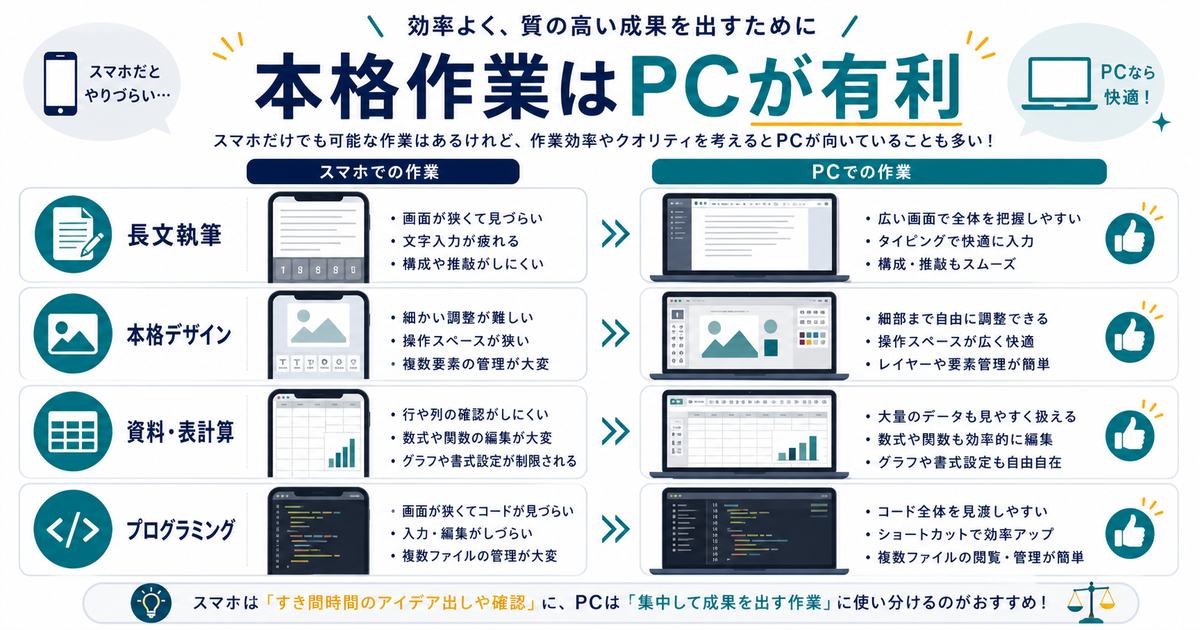 長文執筆、本格デザイン、資料や表計算、プログラミングなどはスマホよりPCが有利だと示す図解