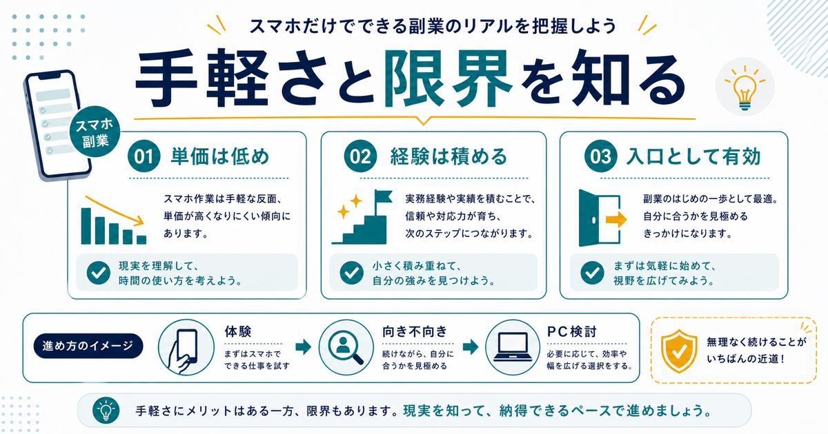 スマホ副業は単価が低めになりがちだが経験を積め、入口として有効で向き不向きからPC検討へ進む流れを示す図解