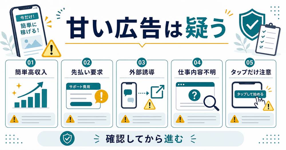 怪しいスマホ副業広告の見分け方として簡単高収入、先払い要求、外部誘導、仕事内容不明、タップだけ注意を示す図解
