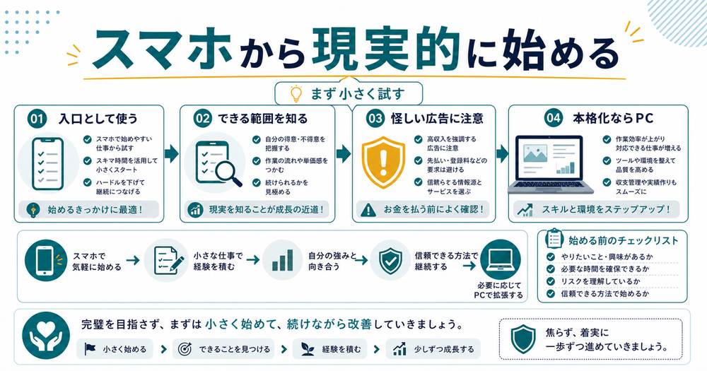 スマホ副業のまとめとして入口として使い、できる範囲を知り、怪しい広告に注意し、本格化ならPCを検討する流れを示す図解
