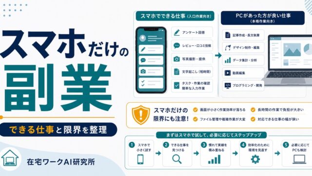 スマホだけでできる副業とできない仕事の線引き、怪しい広告への注意、PC検討の流れを示す図解
