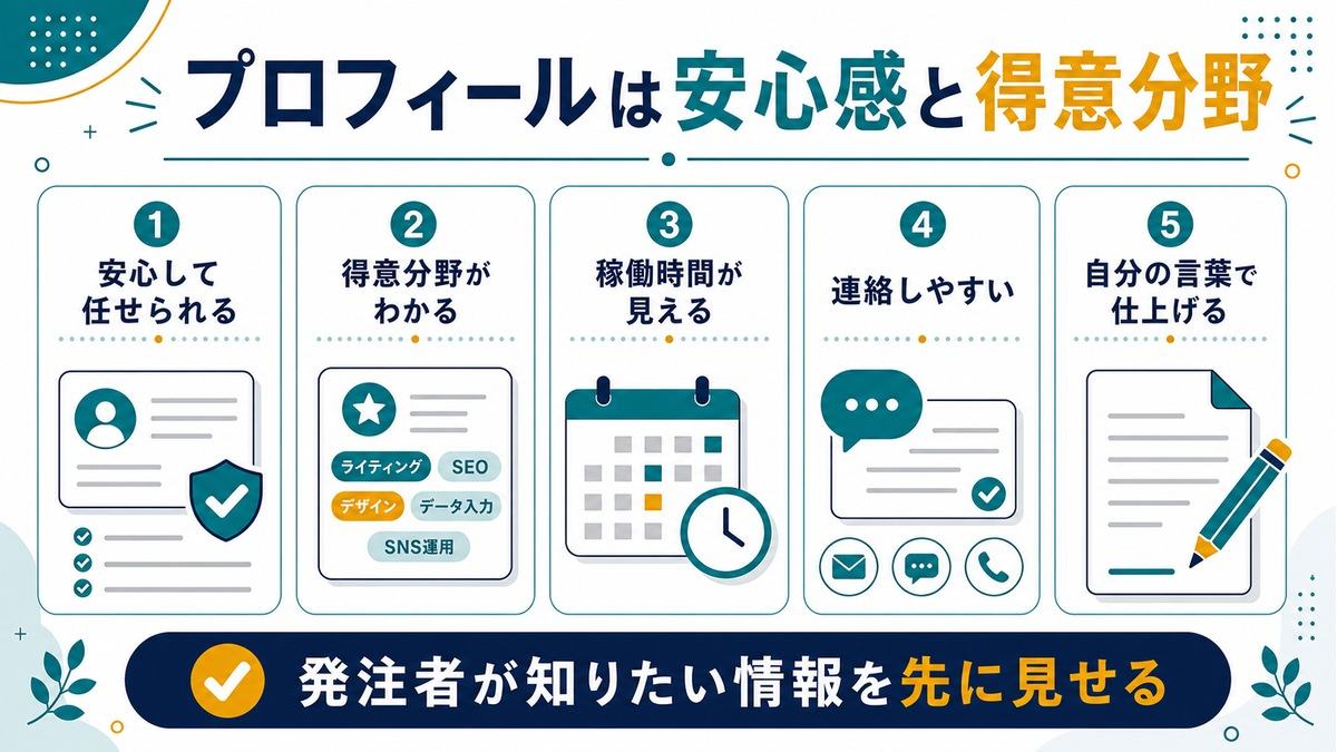 クラウドソーシングのプロフィールで安心感、得意分野、稼働時間、連絡しやすさ、自分の言葉を伝える要点を示す図解