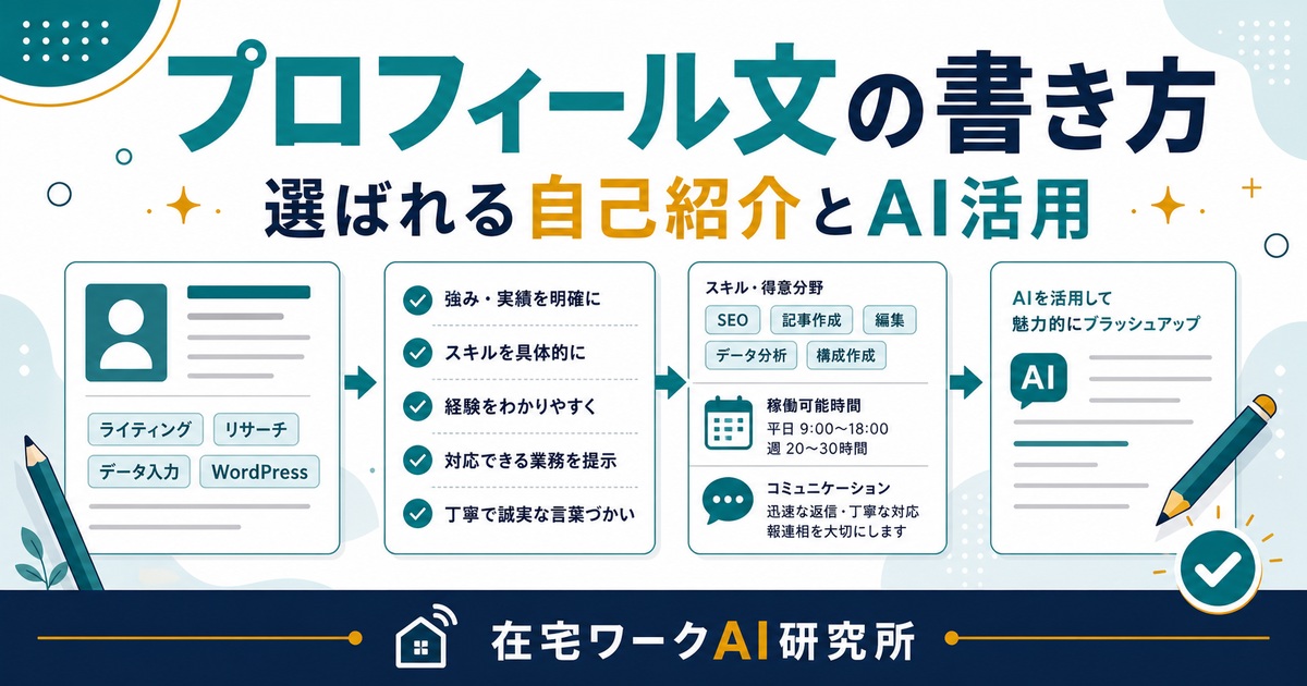 クラウドソーシングのプロフィール文の書き方とAI活用を示すアイキャッチ画像