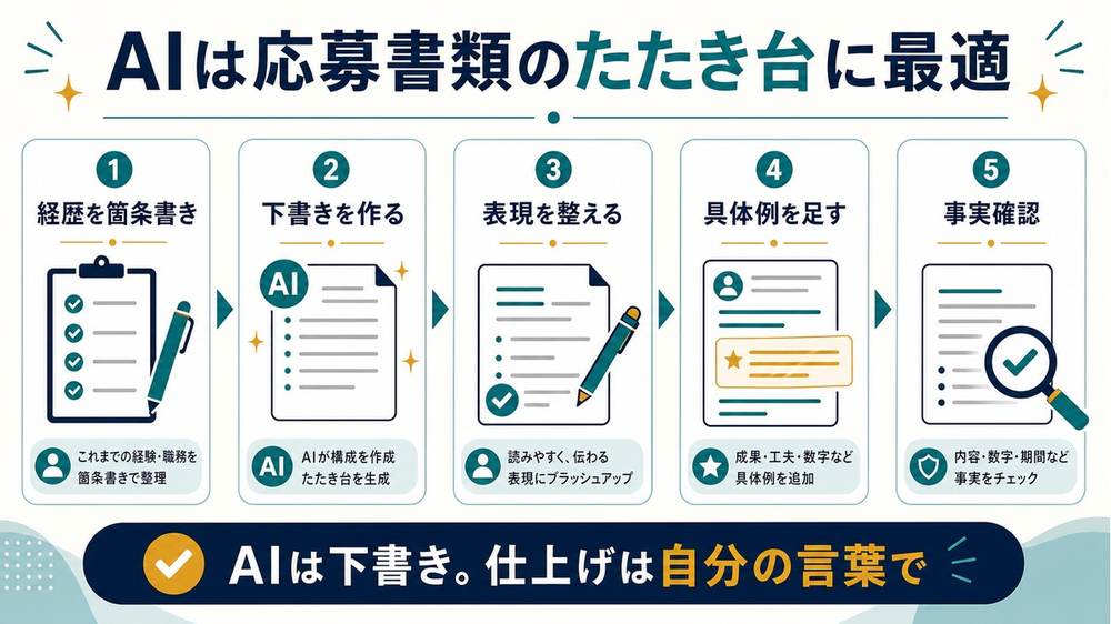 AIは応募書類のたたき台に最適として、経歴を箇条書き、下書きを作る、表現を整える、具体例を足す、事実確認の流れを示す図解