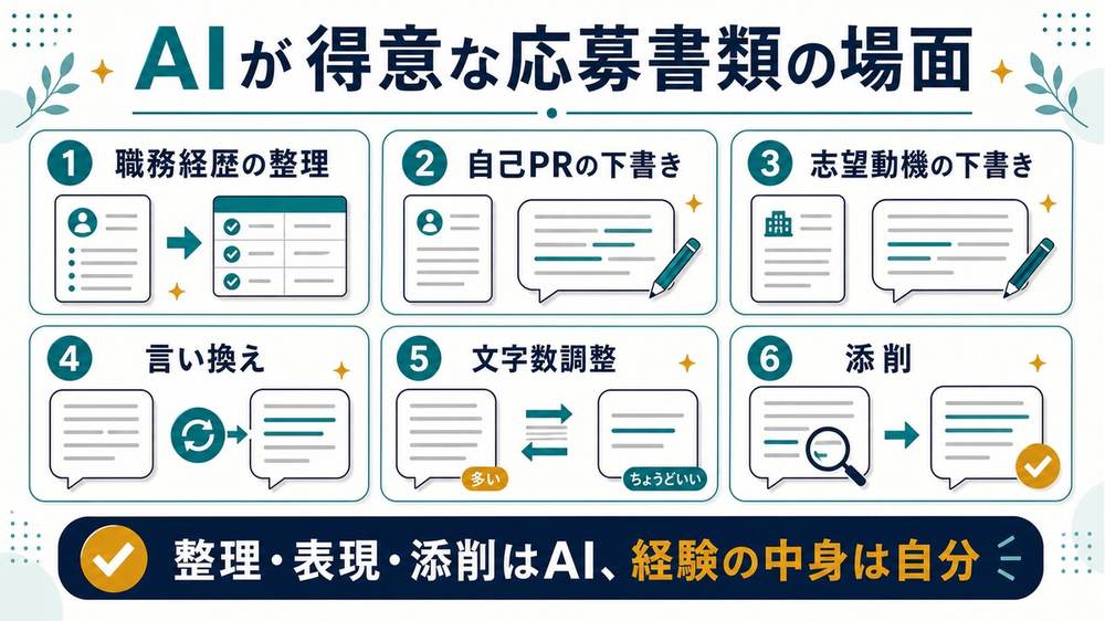 AIが得意な応募書類の場面として、職務経歴の整理、自己PRの下書き、志望動機、言い換え、文字数調整、添削を示す図解