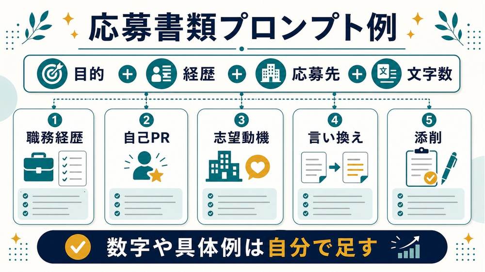 応募書類プロンプト例として、目的、経歴、応募先、文字数を伝え、職務経歴、自己PR、志望動機、言い換え、添削に使う図解
