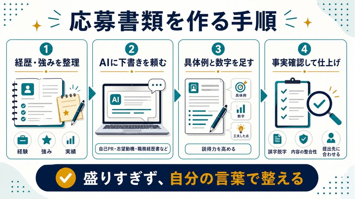 AIで応募書類を作る手順として、経歴と強みを整理、AIに下書きを頼む、具体例と数字を足す、事実確認して仕上げる流れを示す図解