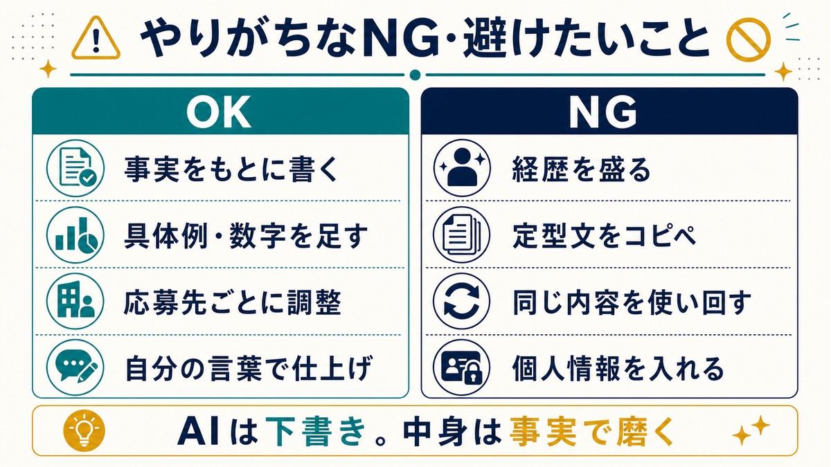 AI応募書類のやりがちなNGとして、事実をもとに書く、具体例を足す、応募先ごとに調整、経歴を盛らない、定型文をコピペしないことを示す比較図