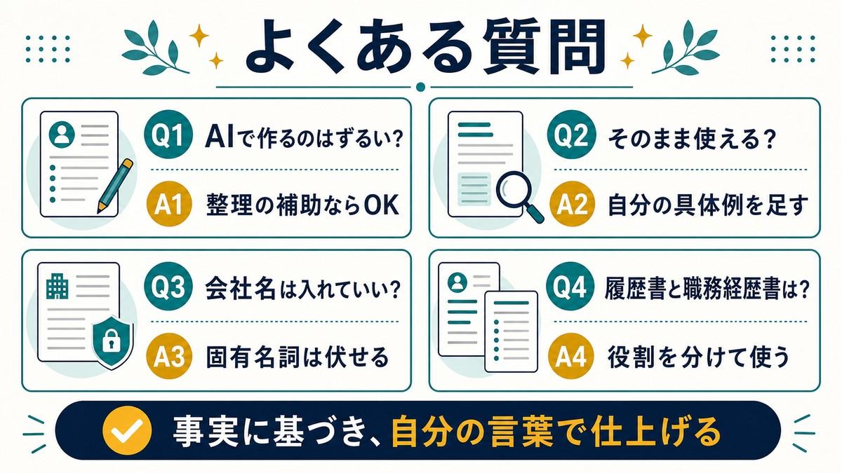 AIで応募書類を作る時のよくある質問として、AI利用はずるいか、そのまま使えるか、会社名の扱い、履歴書と職務経歴書の役割をまとめたFAQ図解