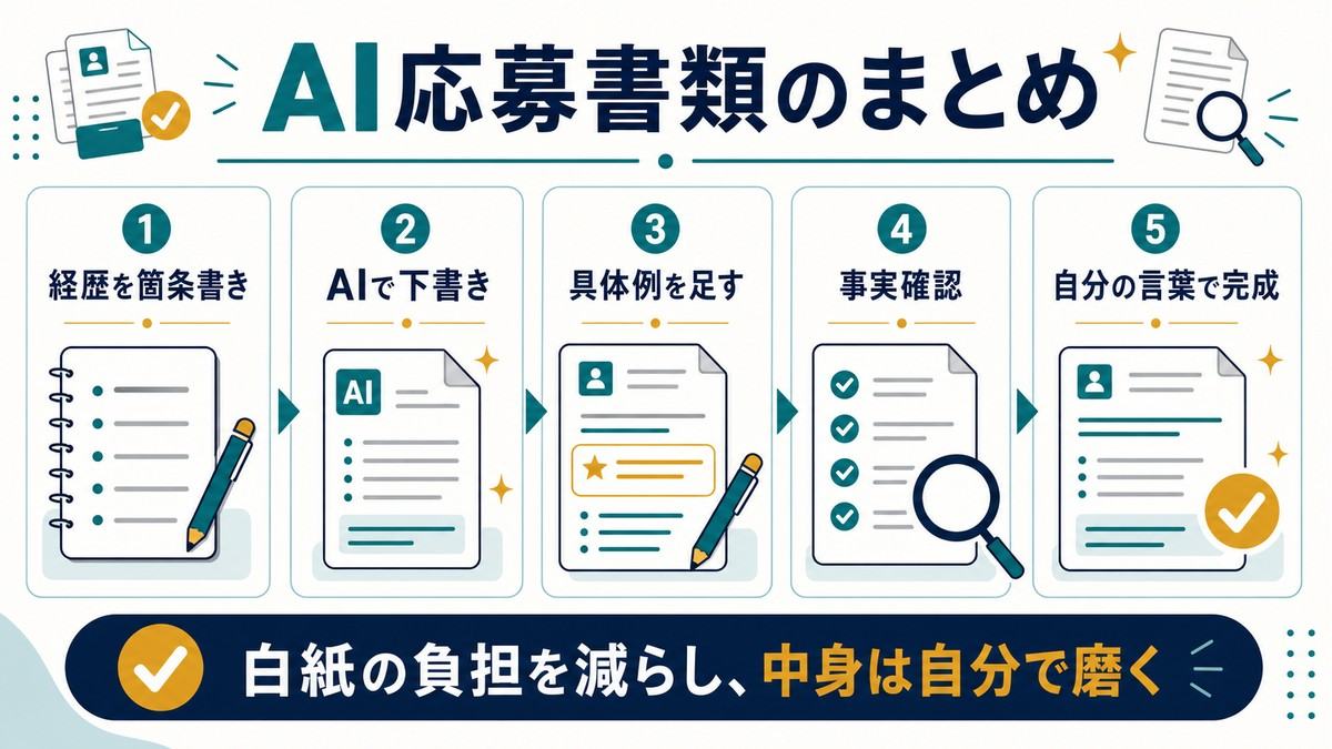 AI応募書類のまとめとして、経歴を箇条書き、AIで下書き、具体例を足す、事実確認、自分の言葉で完成する流れを示す図解