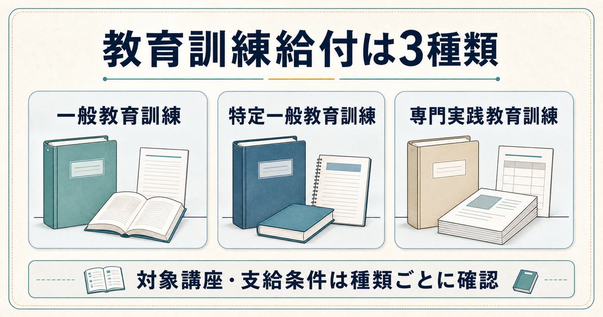 教育訓練給付の一般・特定一般・専門実践の3種類を整理した図