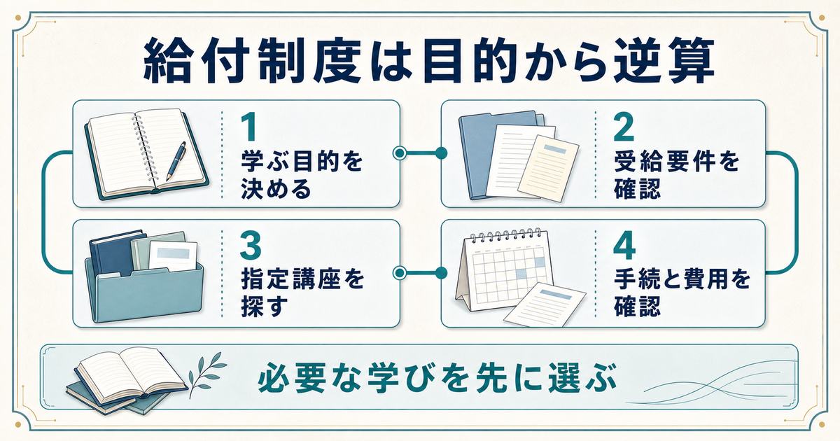 学ぶ目的から受給要件・指定講座・手続と費用を確認する給付制度のまとめ図